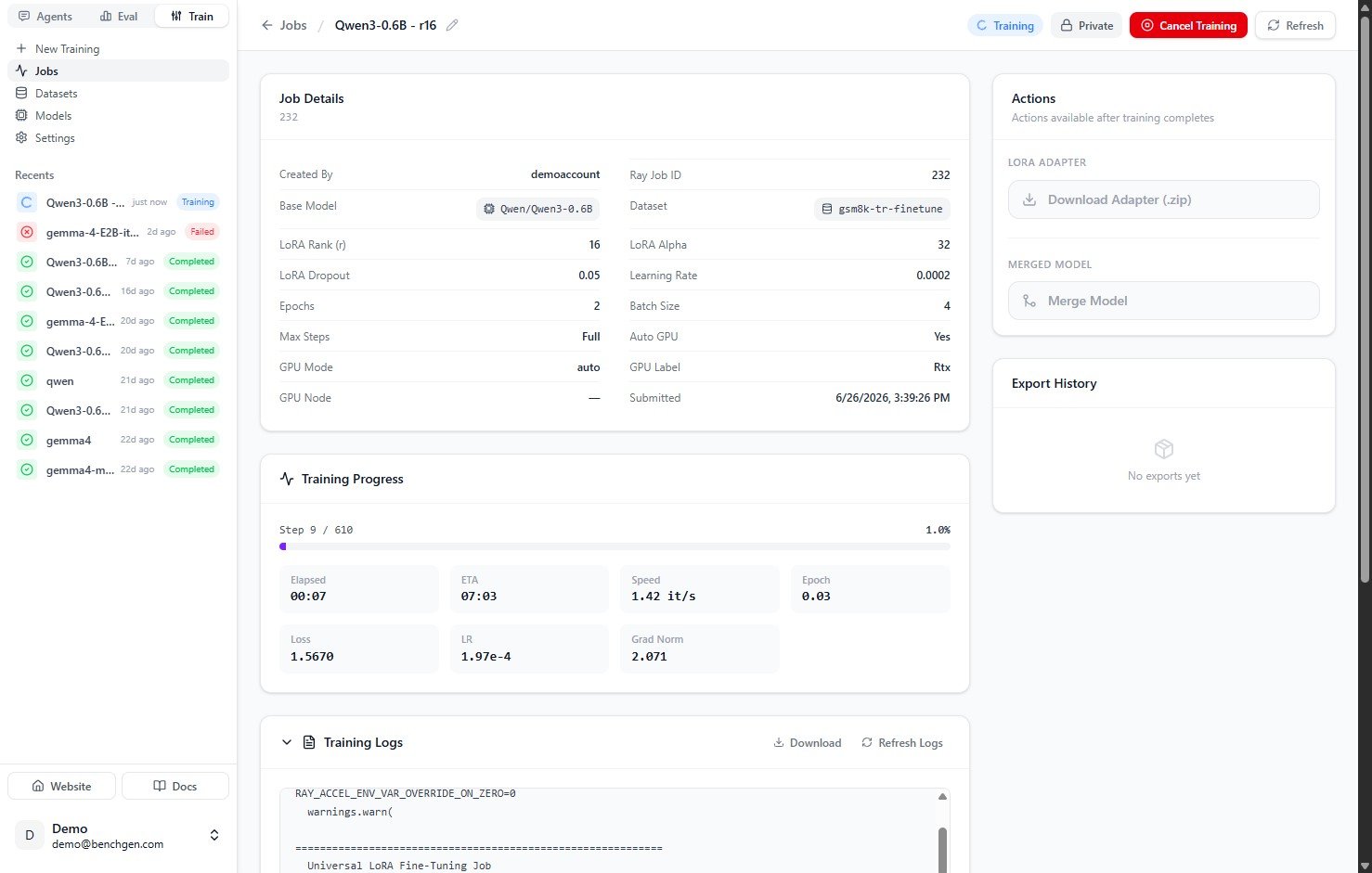 Training in progress with live metrics