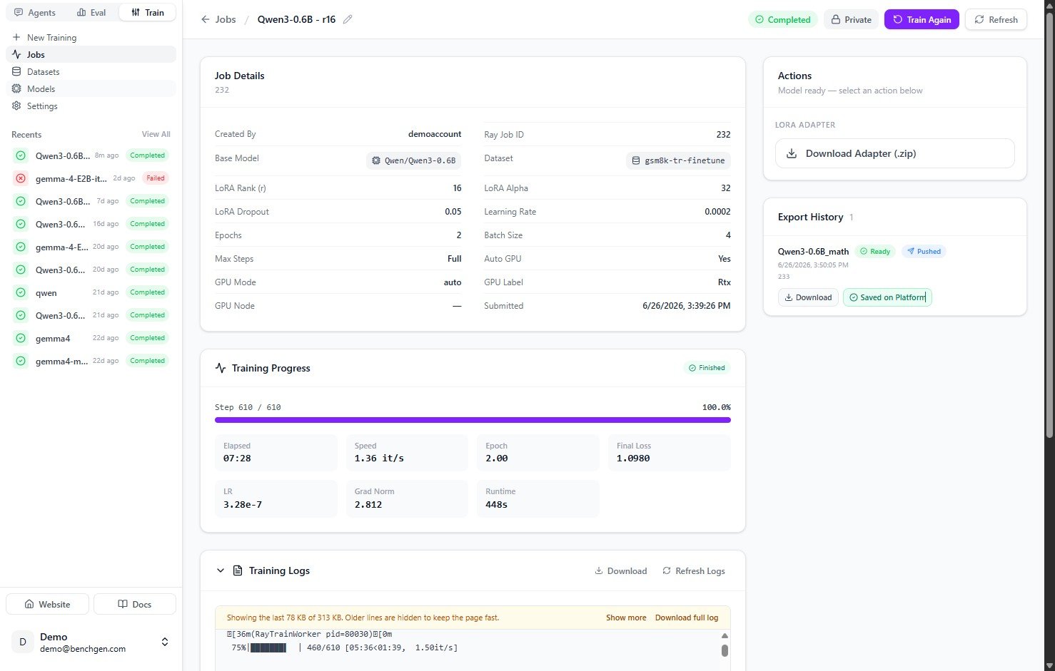 The Export History entry marked Pushed and Saved on Platform