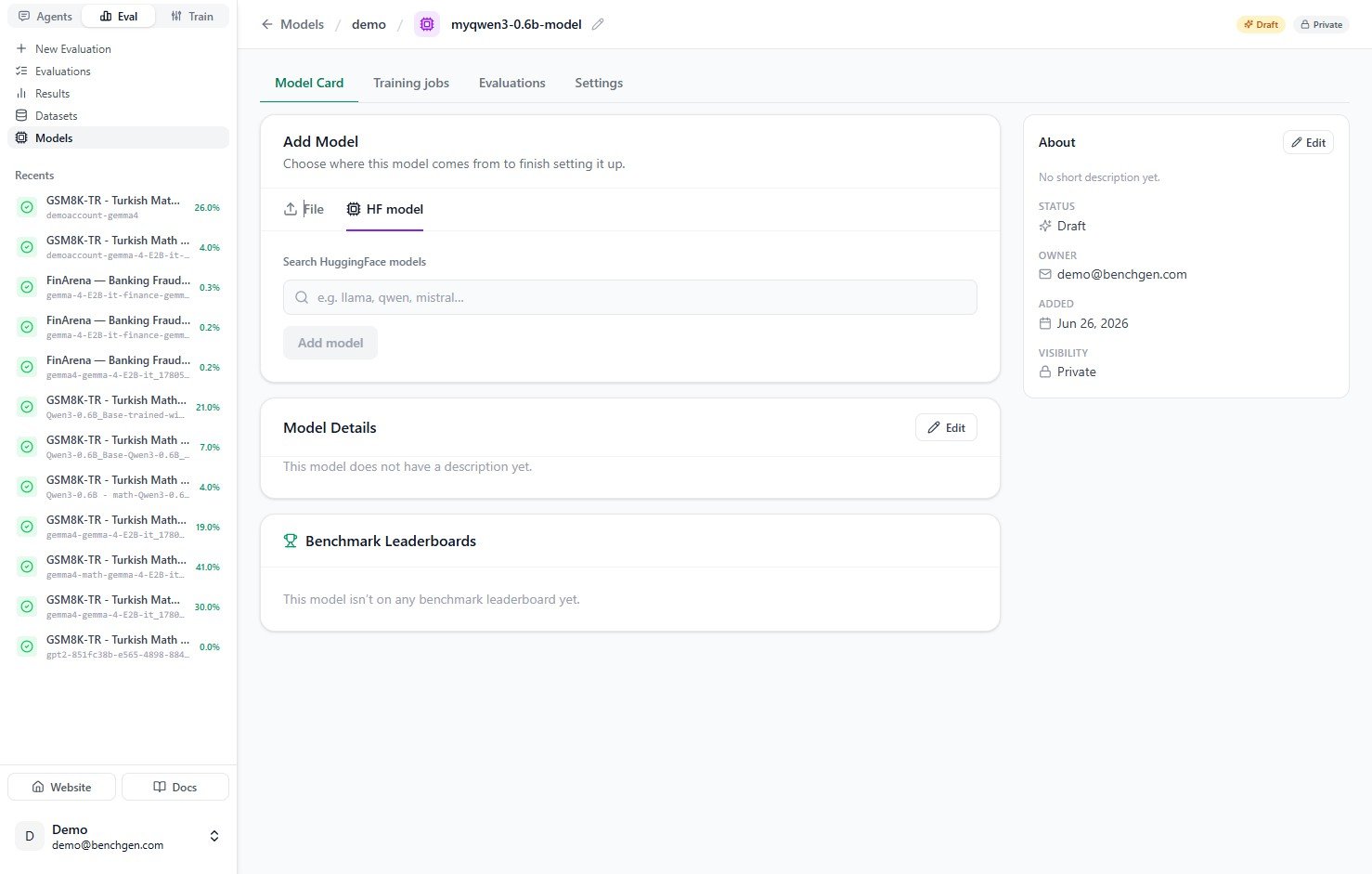 The HF model tab with the HuggingFace search box