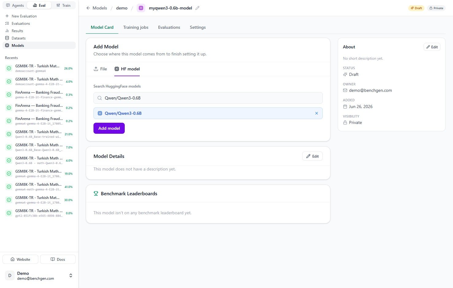 A HuggingFace model selected with the Add model button enabled