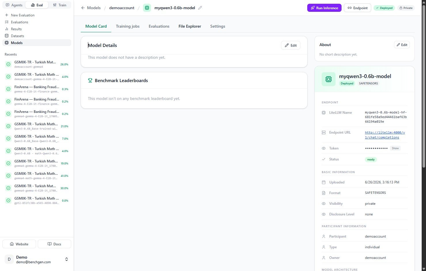 A model card showing Deployed and ready status, its model name, endpoint URL, token, upload date, and SAFETENSORS format