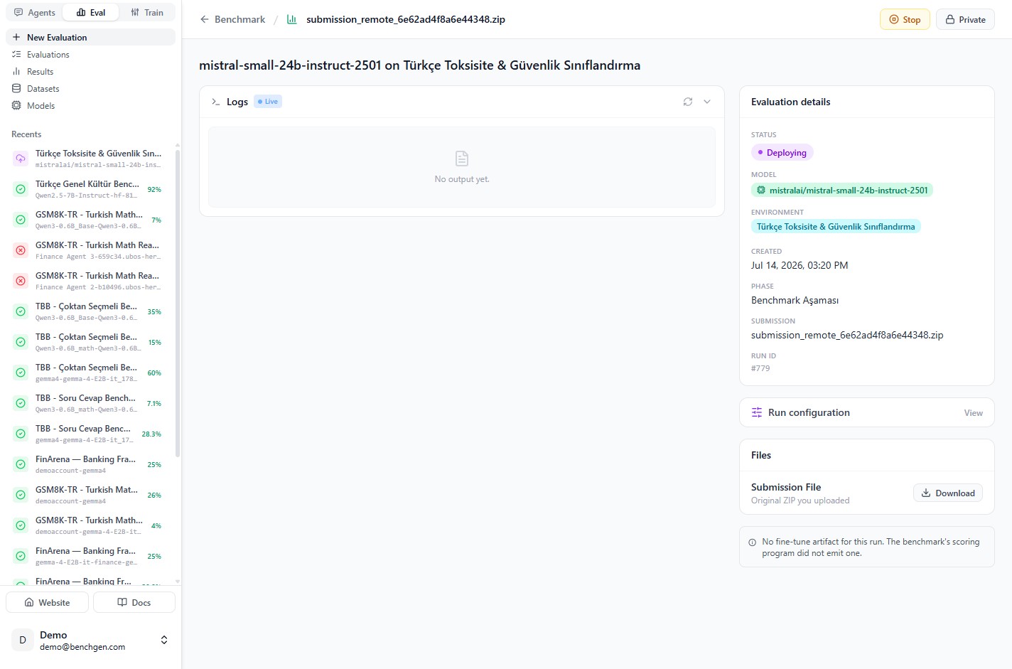 The run page showing Deploying status