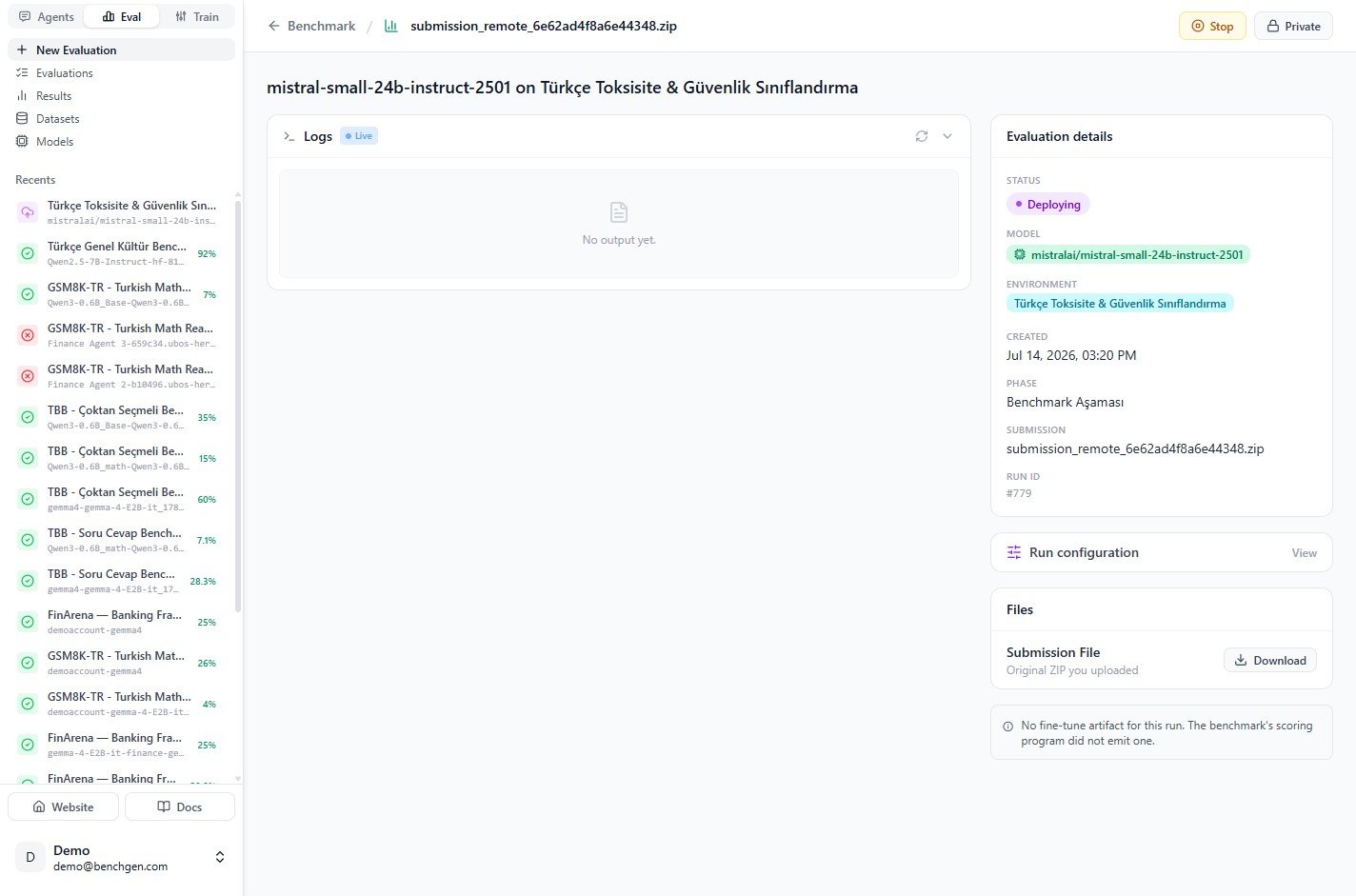 The run page showing Deploying status