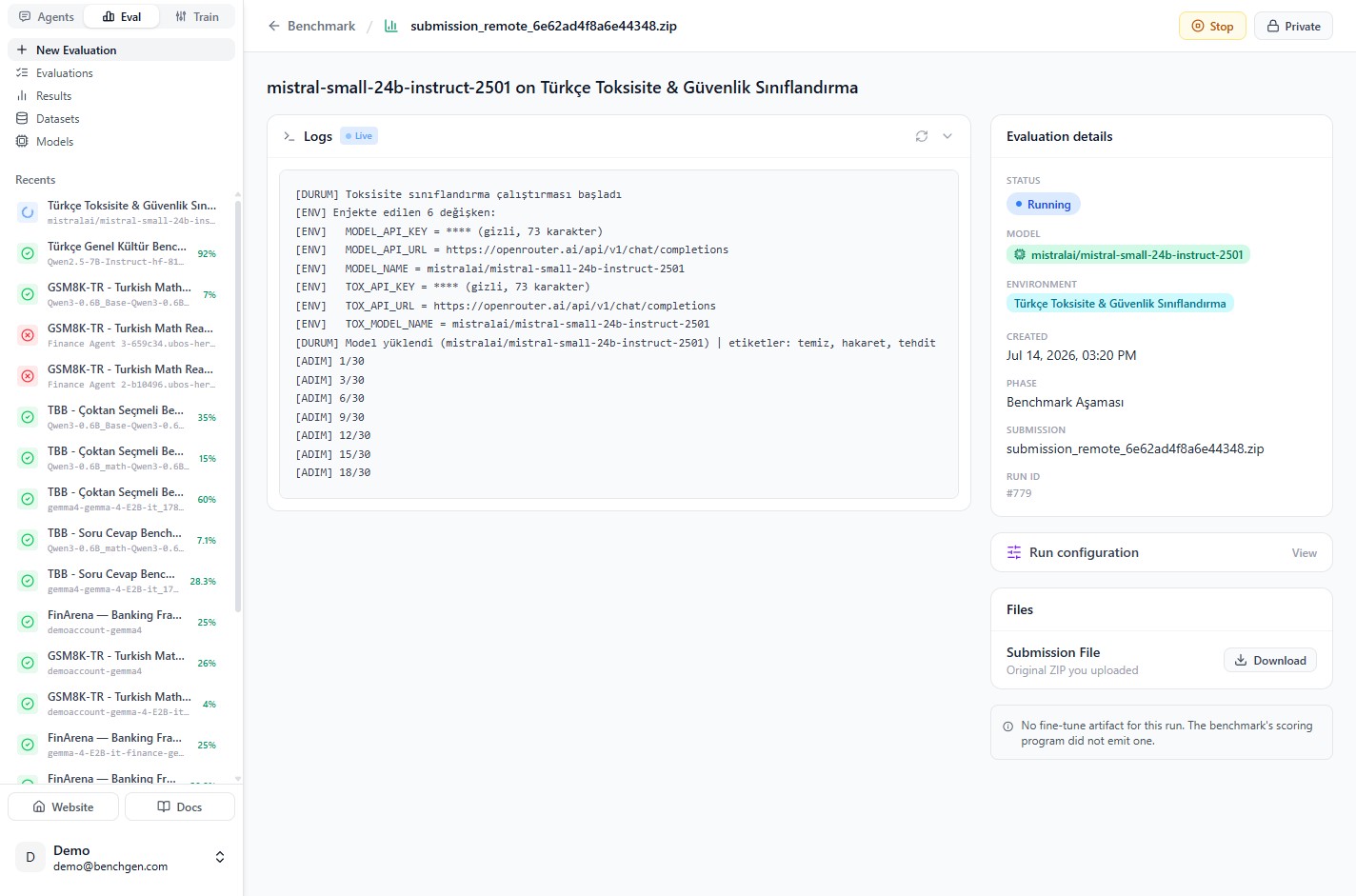 Live logs listing the injected environment variables and run progress