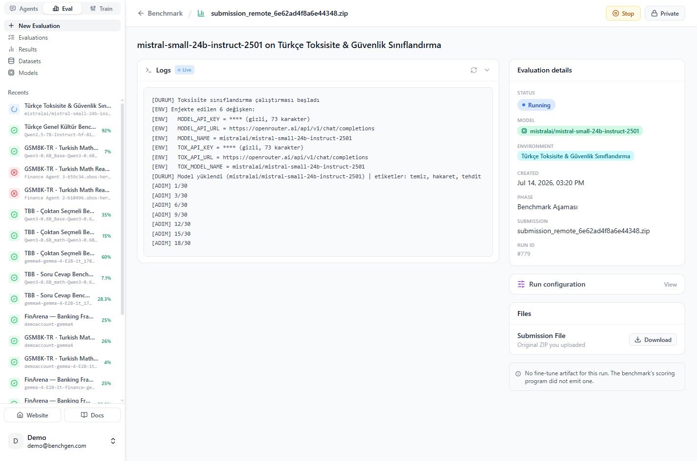Live logs listing the injected environment variables and run progress