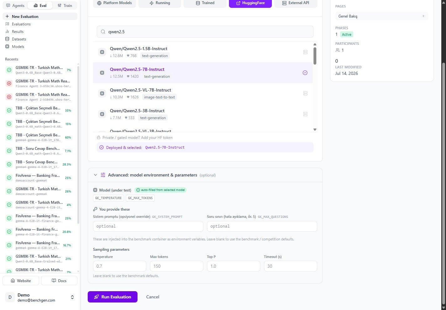 Qwen2.5-7B-Instruct deployed and selected, with Run Evaluation enabled