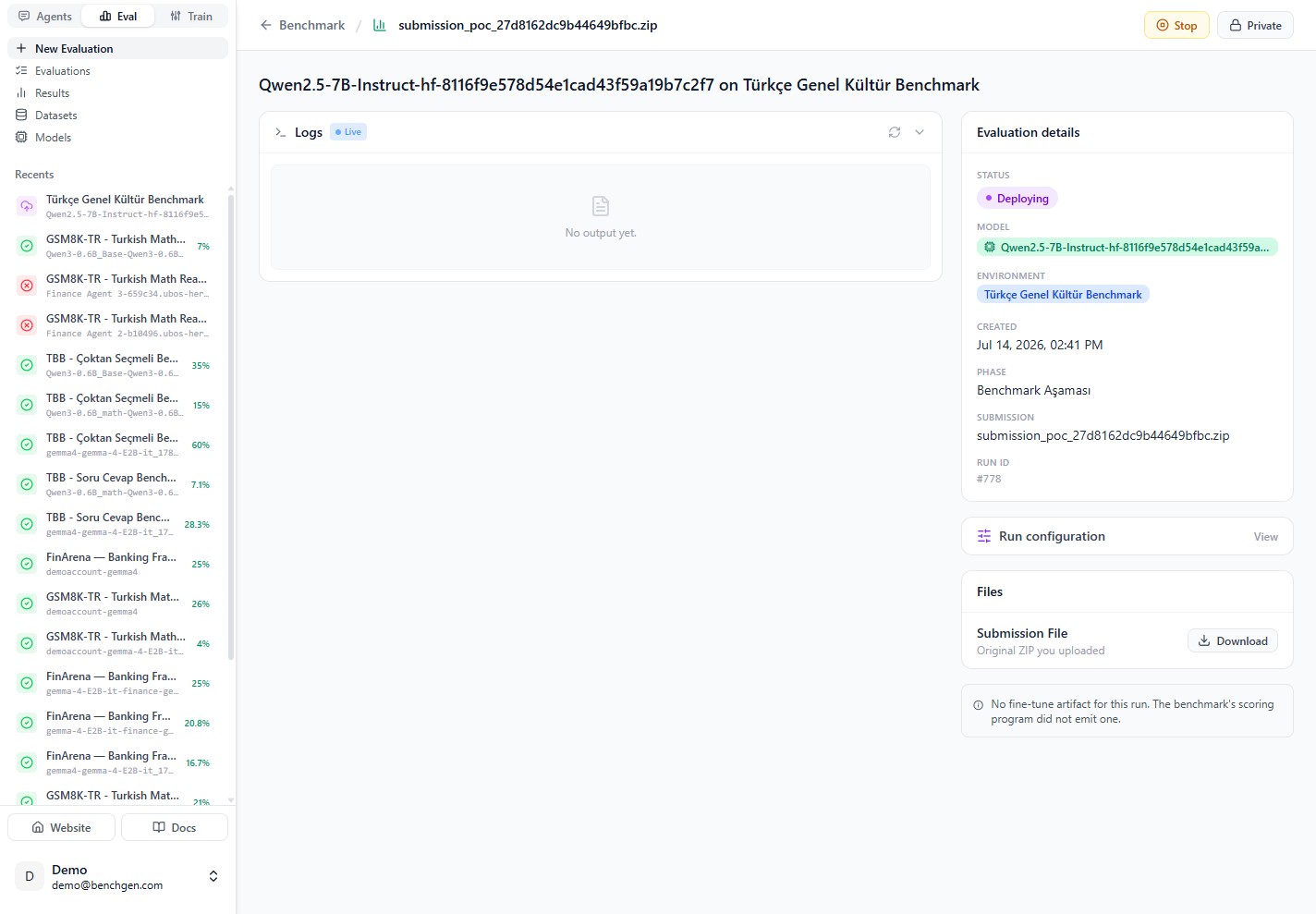 The run page showing Deploying status and live logs