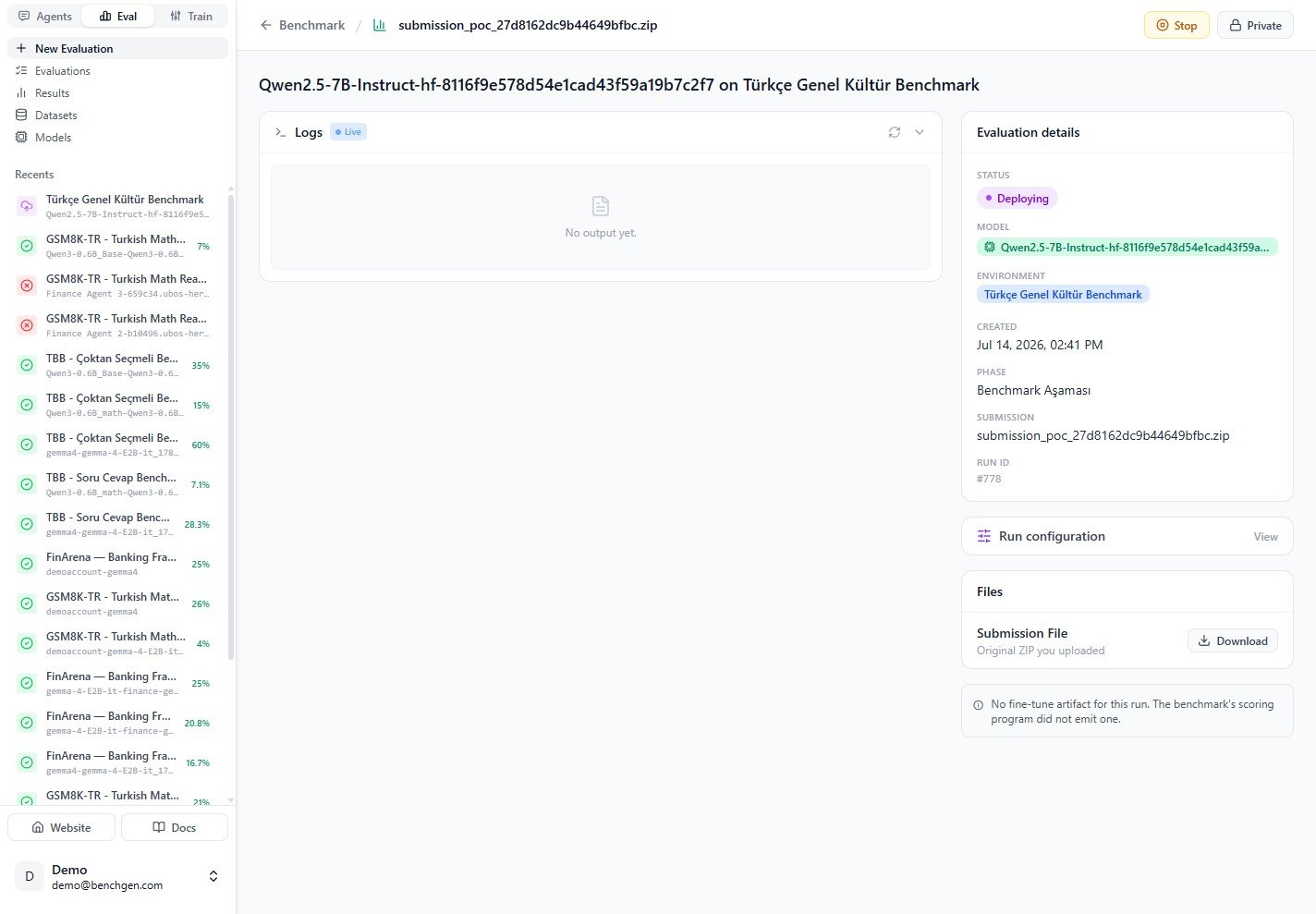 The run page showing Deploying status and live logs