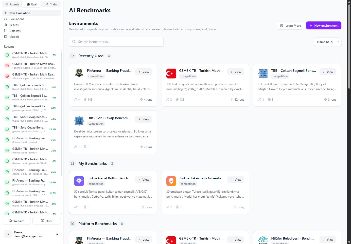 The AI Benchmarks environment list
