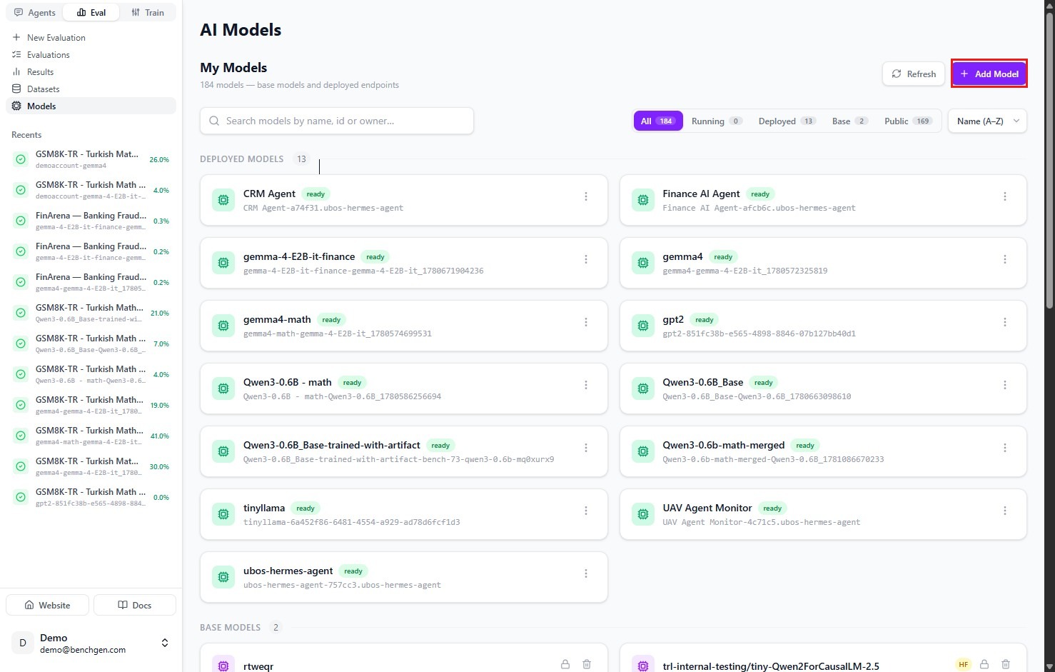 The AI Models page listing deployed and base models, with the Add Model button in the top right
