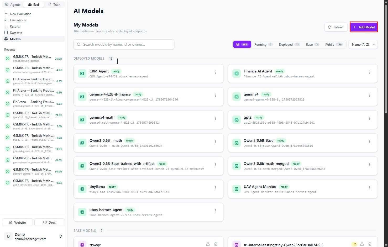 The AI Models page listing deployed and base models, with the Add Model button in the top right