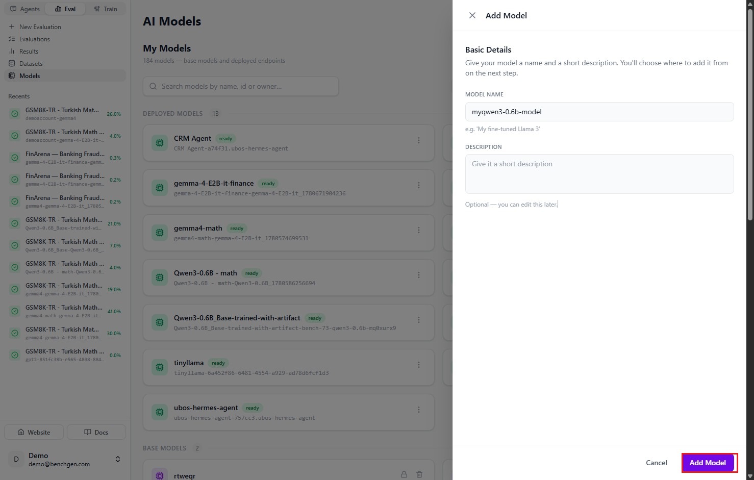 The Add Model panel with a model name field, a description textarea, and Cancel/Add Model buttons