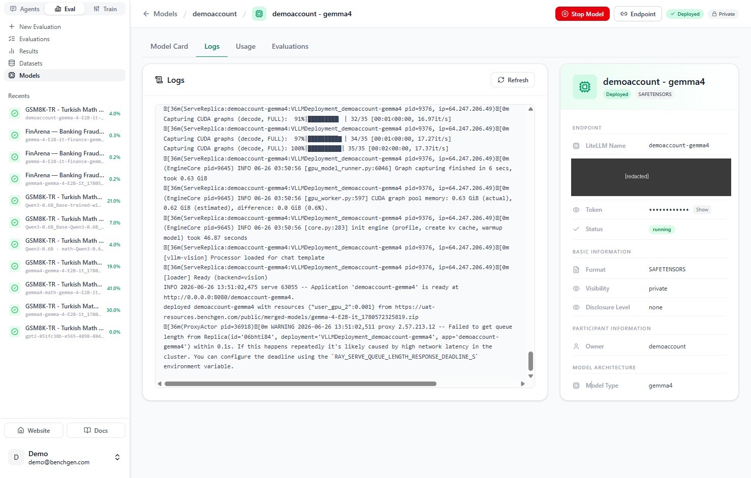 Logs showing the application is ready and the status set to running
