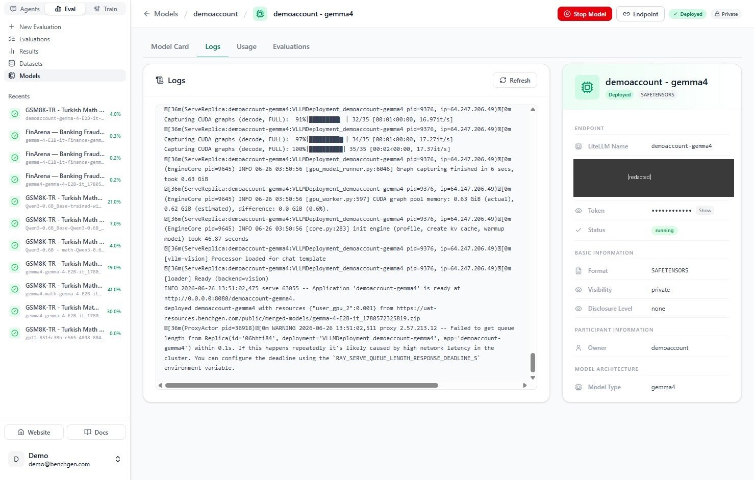 Logs showing the application is ready and the status set to running