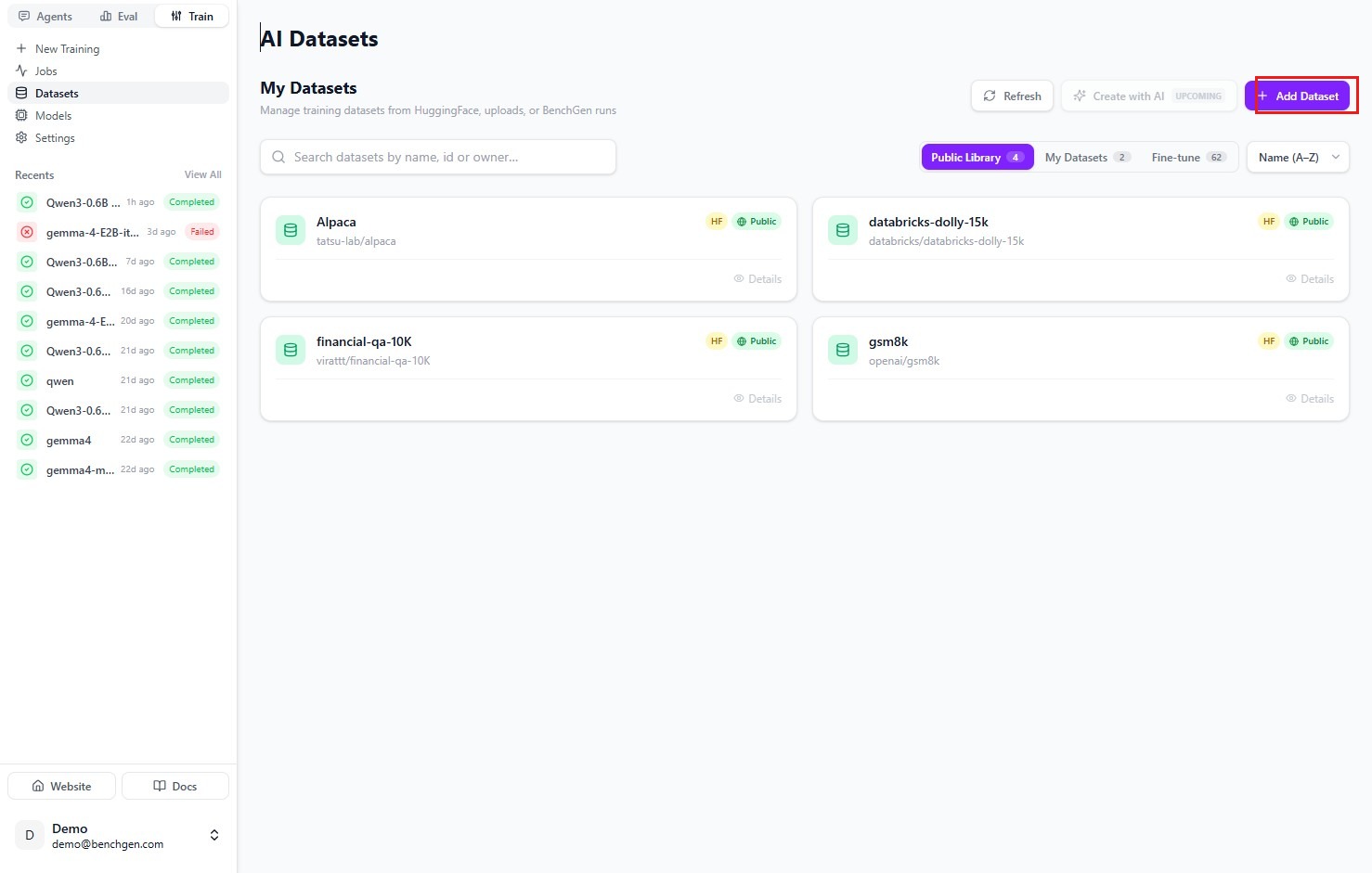The AI Datasets page with the Add Dataset button