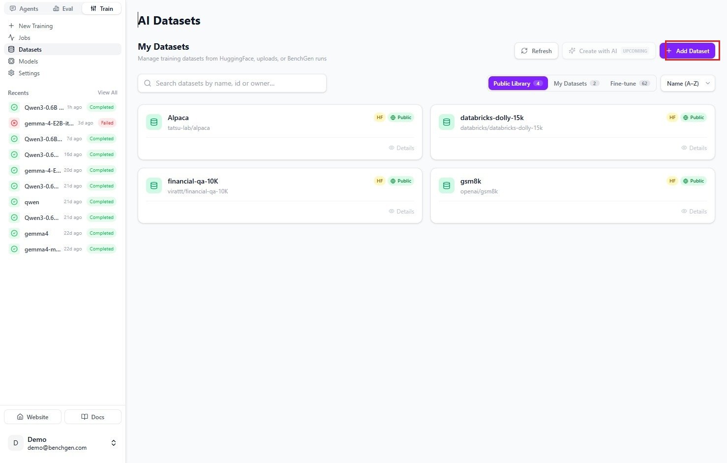 The AI Datasets page with the Add Dataset button