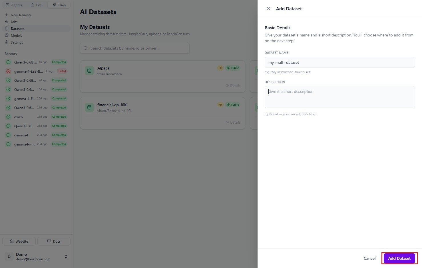 The Add Dataset panel with the dataset name and description fields