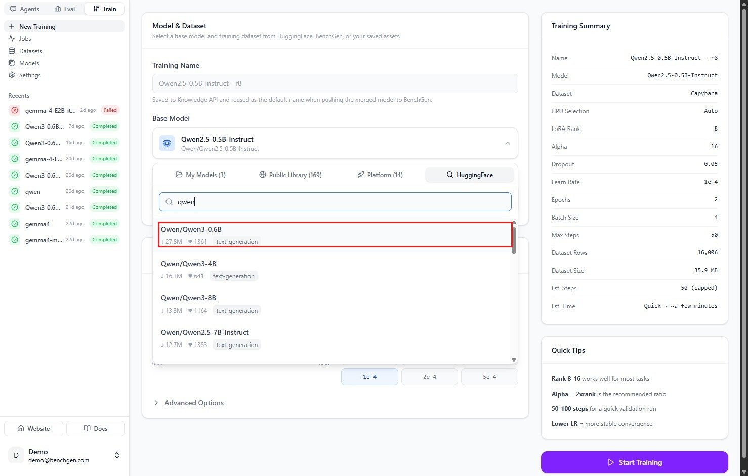 Searching HuggingFace for a base model, with a result row highlighted to click