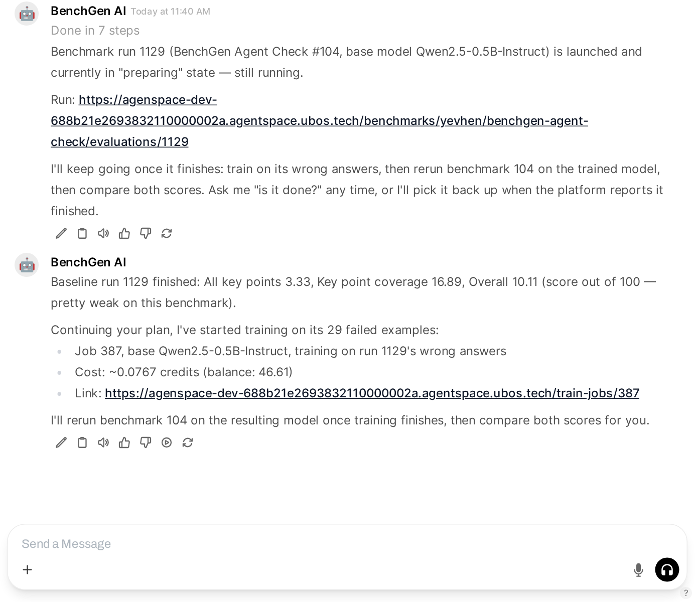 The agent reports baseline run 1129 scores and that it started training job 387 on the 29 failed examples at 0.0767 credits
