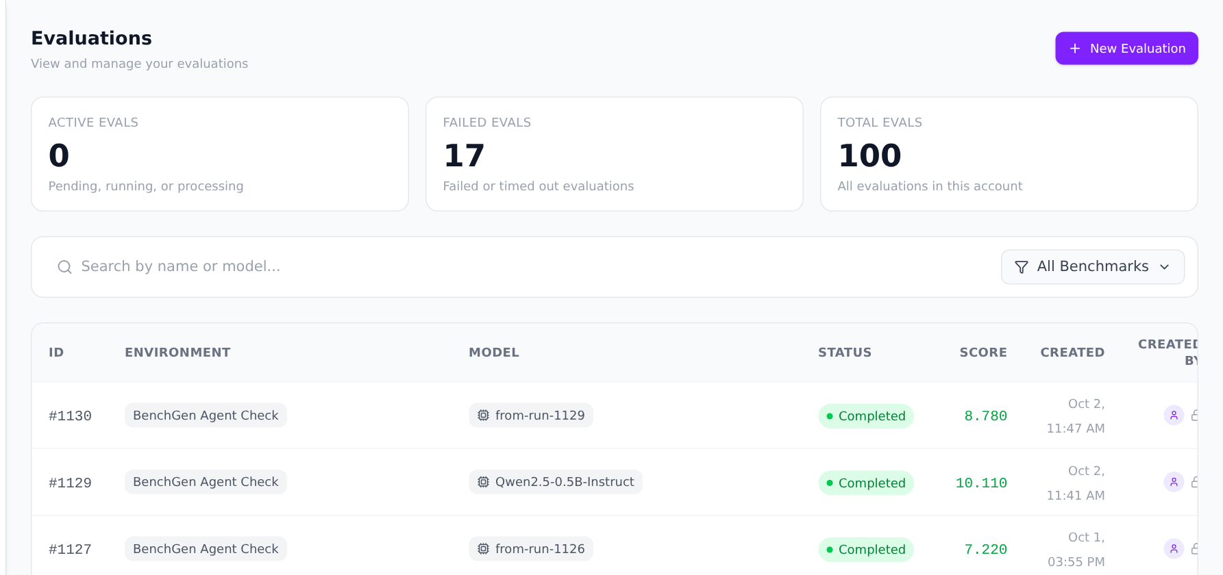 Evaluations page with run 1130 on the model from-run-1129 and run 1129 on Qwen2.5-0.5B-Instruct, both completed