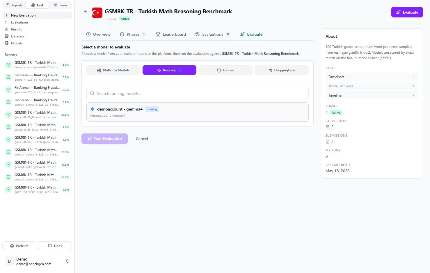 The Running tab listing the live demoaccount-gemma4 endpoint