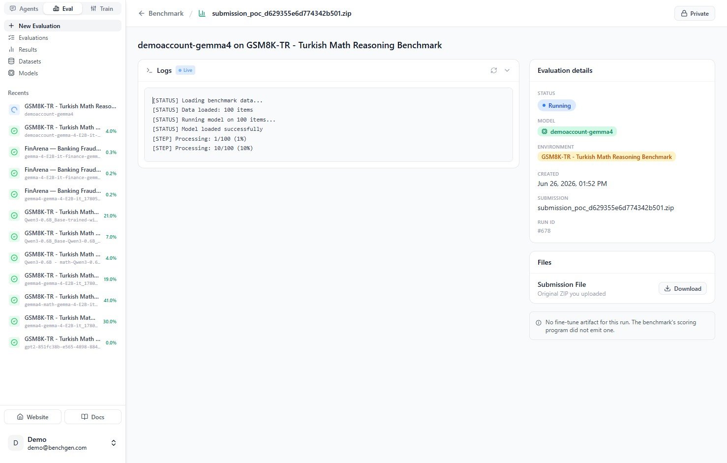 The evaluation running with live logs and the evaluation details panel