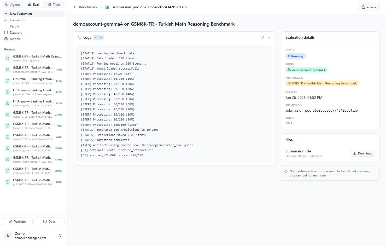 Completed logs showing generated predictions and the computed accuracy