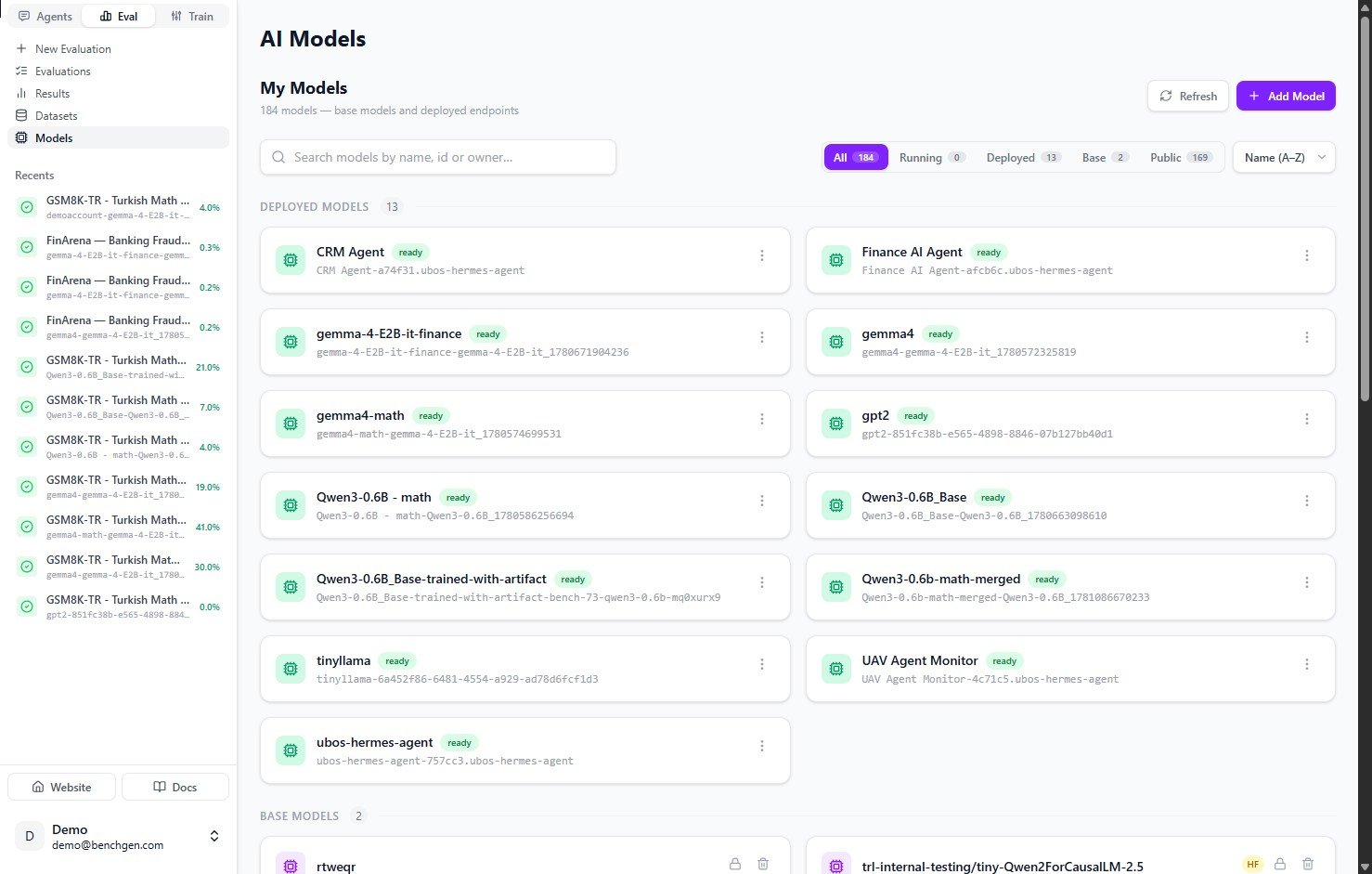 The AI Models list in Eval, showing deployed models and filter chips