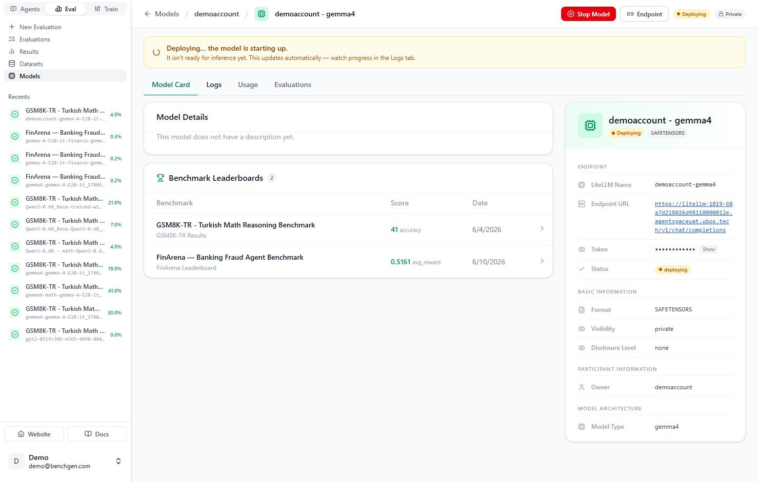 The deploying banner and status badge while the endpoint starts up