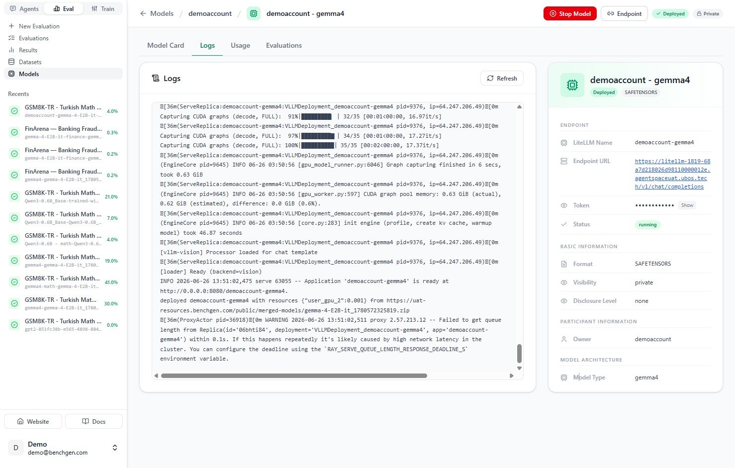 Logs showing the application is ready and the status set to running