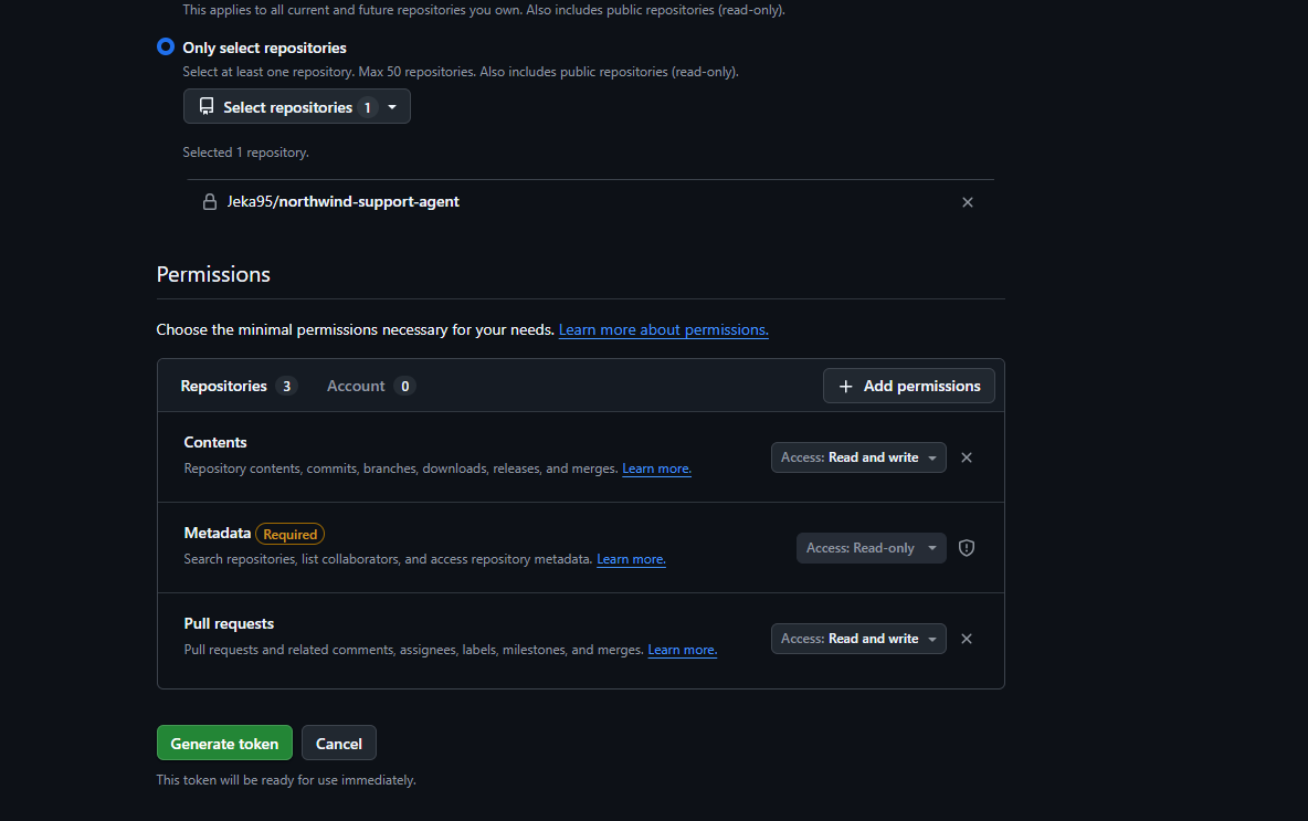GitHub fine-grained token form with one repository selected and Contents and Pull requests permissions set to read and write