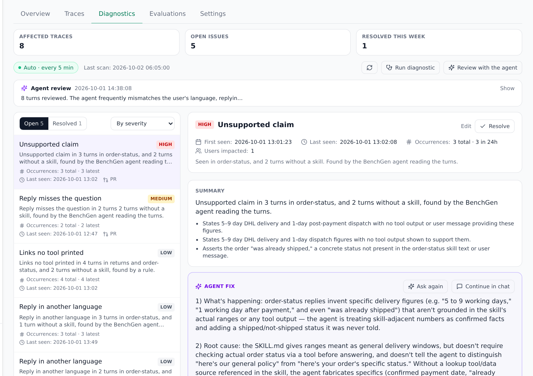 Diagnostics tab of an agent with a list of issues and the detail of one issue