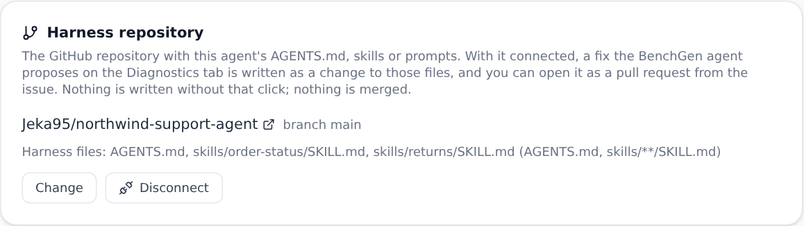Harness repository card on the Settings tab showing the connected GitHub repository, its branch and the harness files