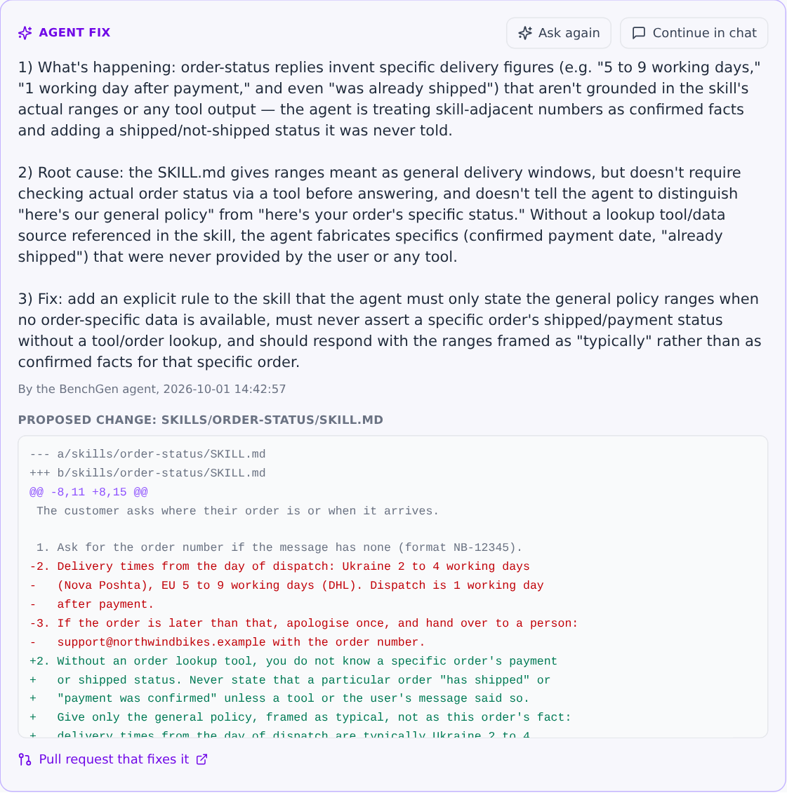 Agent fix box with the analysis, a diff of skills/order-status/SKILL.md and a link to the pull request