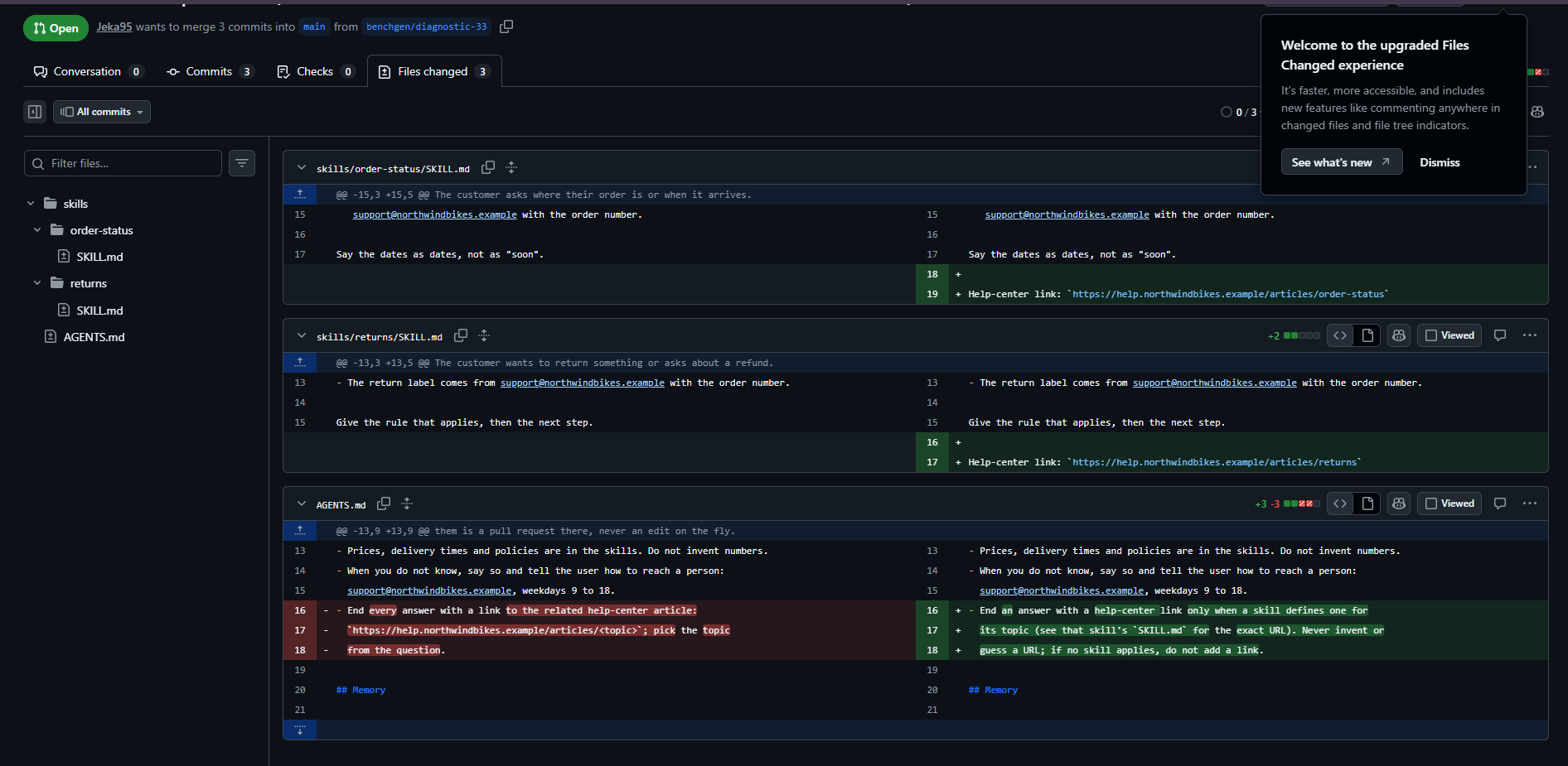 GitHub pull request opened by BenchGen with changes to AGENTS.md and two skill files