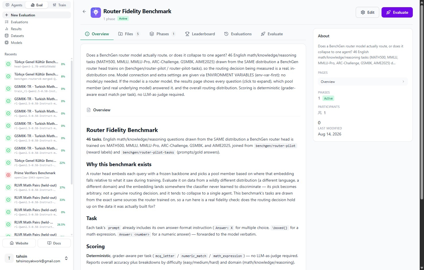 Router Fidelity Benchmark overview page describing the 46-task in-distribution benchmark, its scoring rules, and its routing and cost reporting