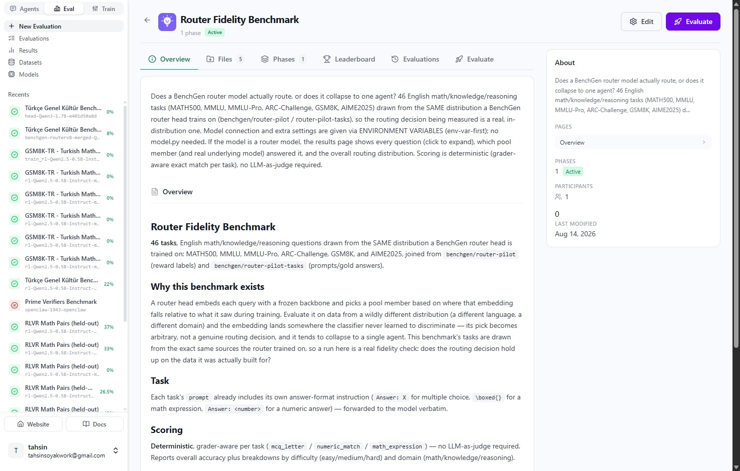 Router Fidelity Benchmark overview page describing the 46-task in-distribution benchmark, its scoring rules, and its routing and cost reporting