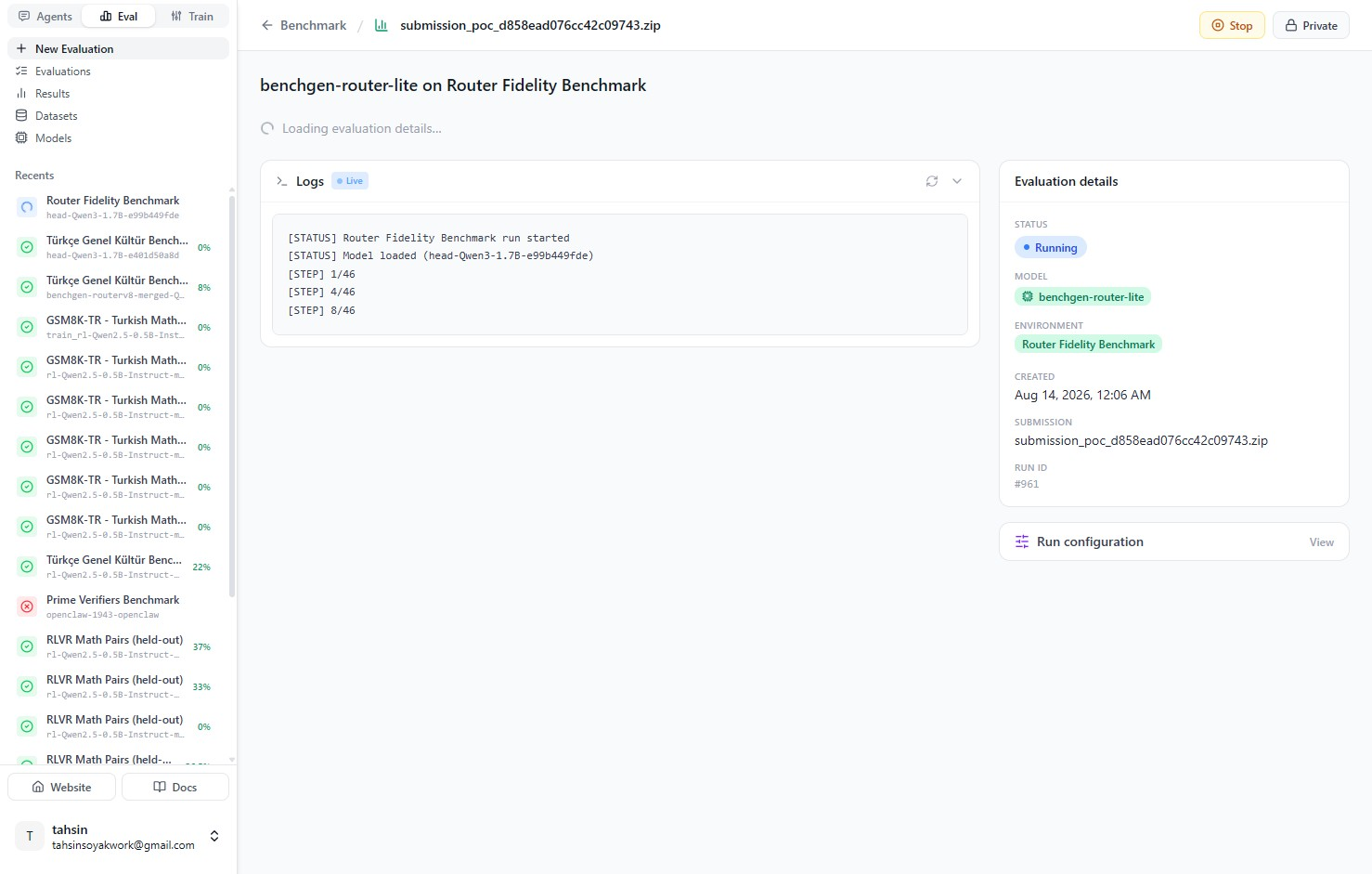 The Router Fidelity Benchmark evaluation running live, with status logs streaming step-by-step progress through the 46 questions