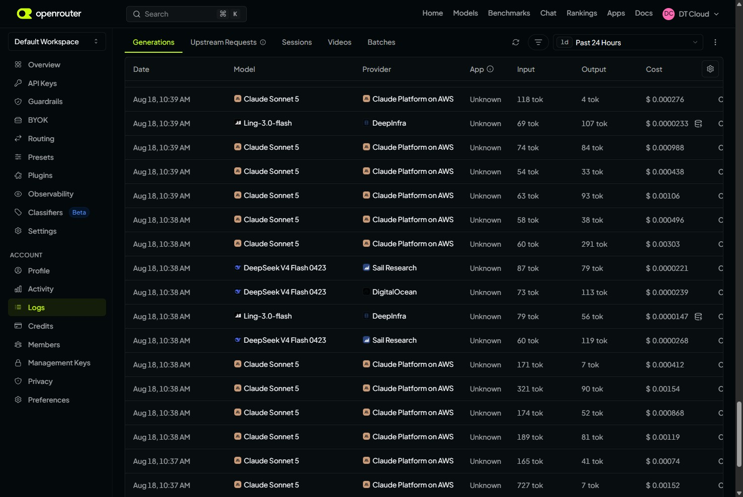 OpenRouter generations log showing Claude Sonnet 5, Ling-3.0-flash, and DeepSeek V4 Flash 0423 calls with provider, input and output tokens, and cost
