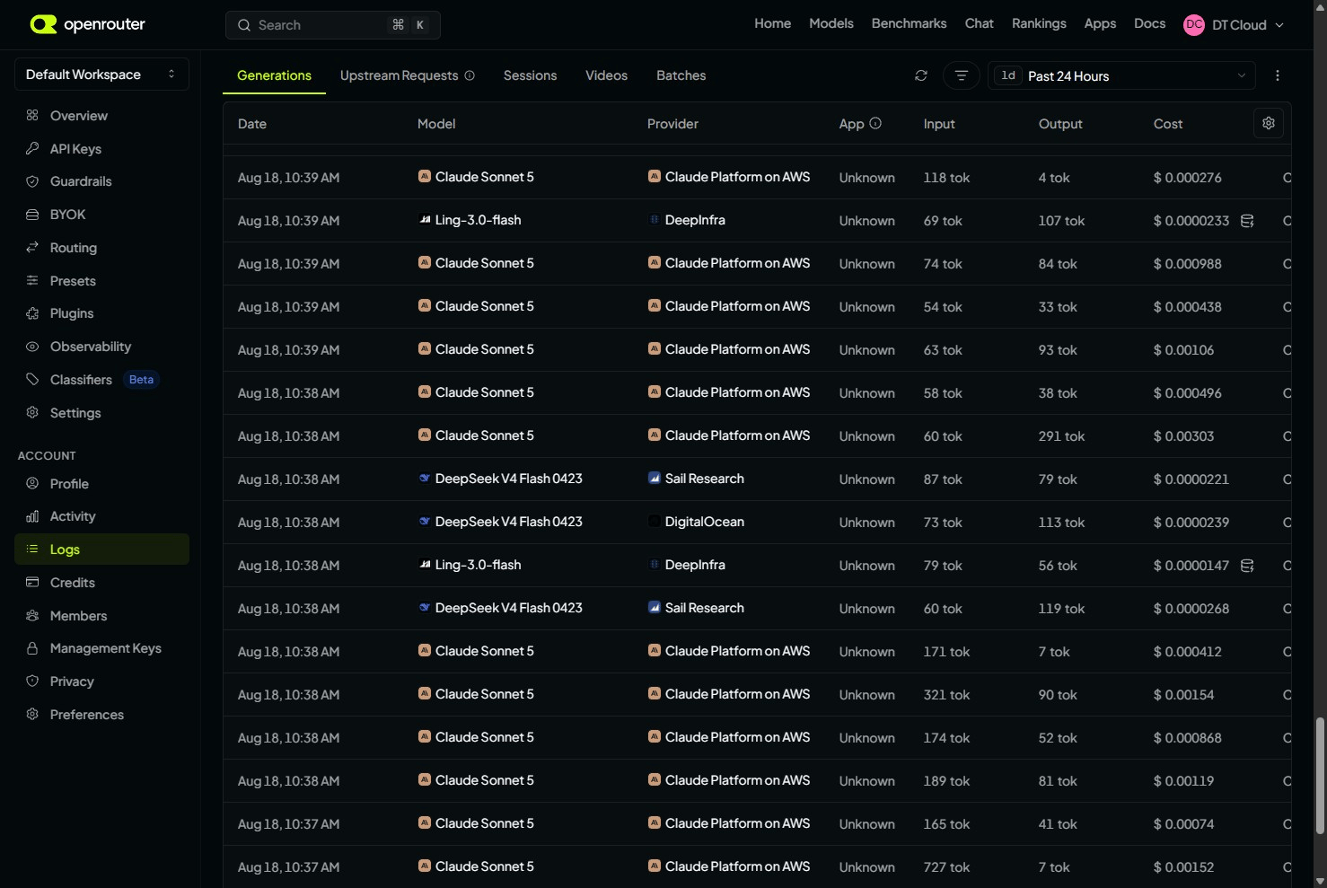 OpenRouter generations log showing Claude Sonnet 5, Ling-3.0-flash, and DeepSeek V4 Flash 0423 calls with provider, input and output tokens, and cost