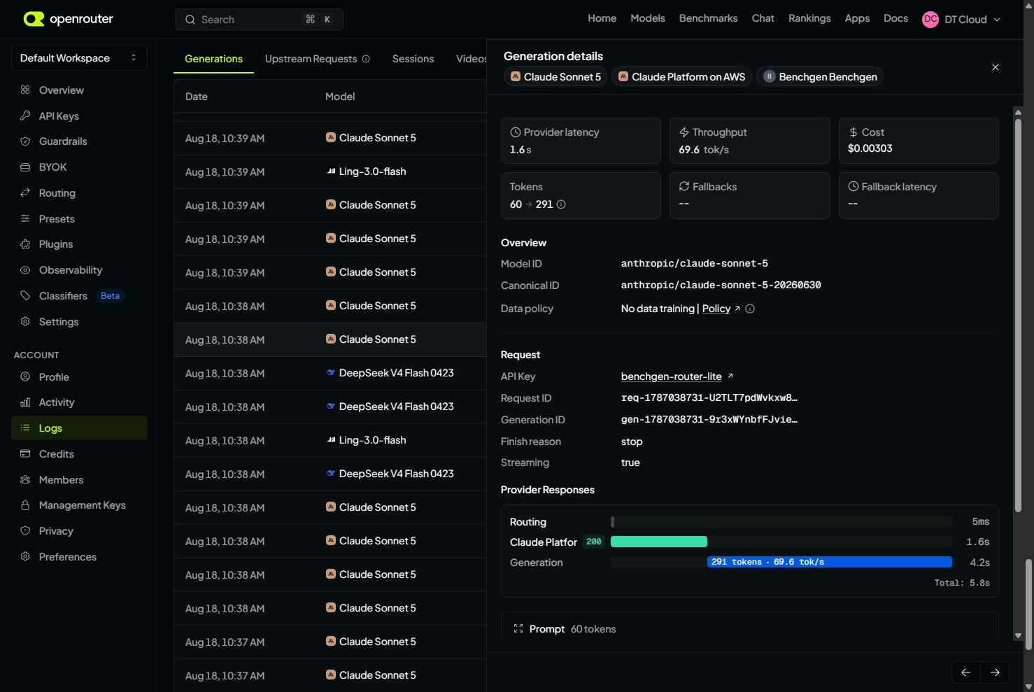 OpenRouter generation details showing the benchgen-router-lite API key, claude-sonnet-5 as the model, provider routing timings, throughput, and token counts