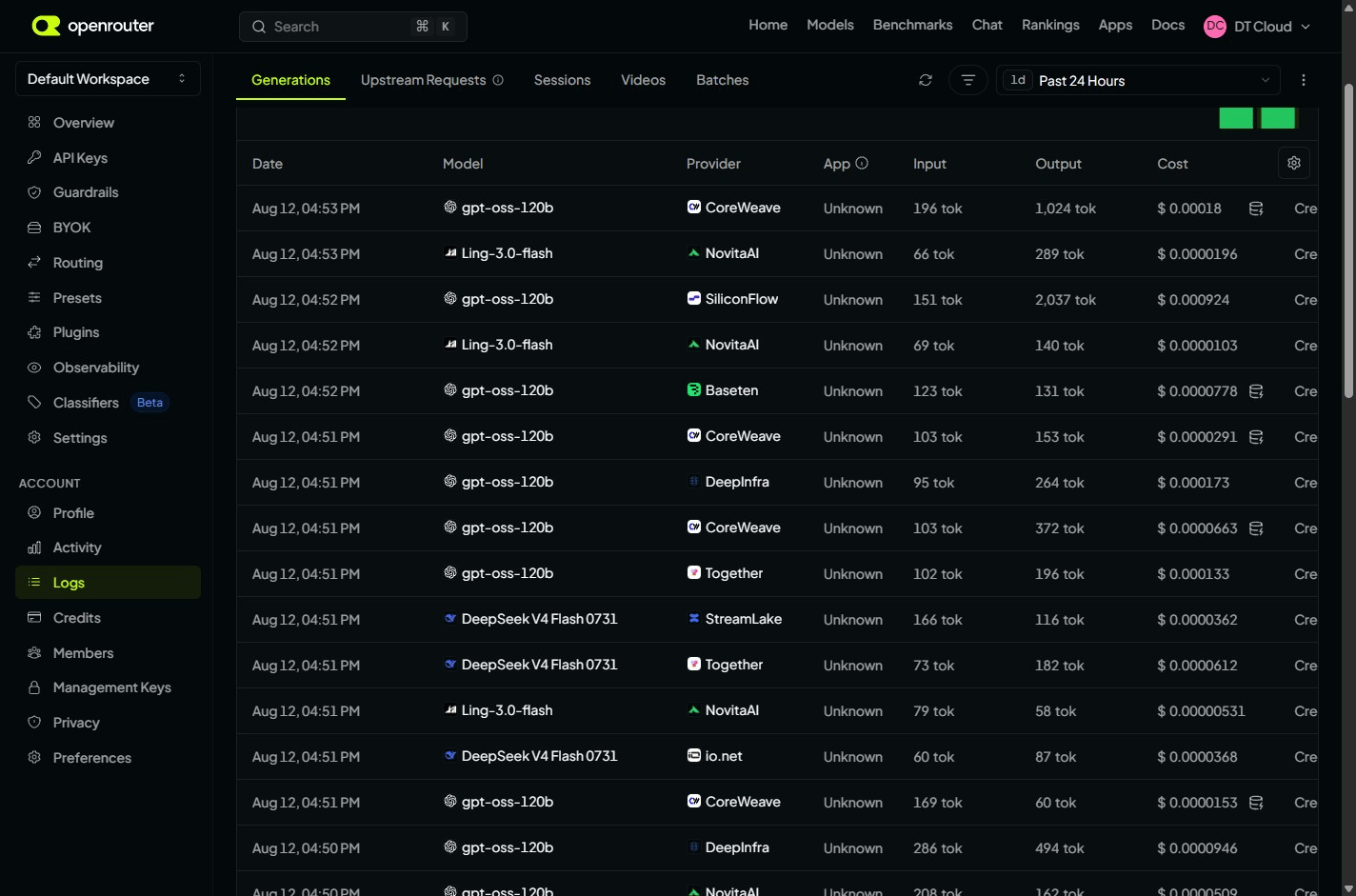 OpenRouter logs listing generations by model, provider, token counts, and cost