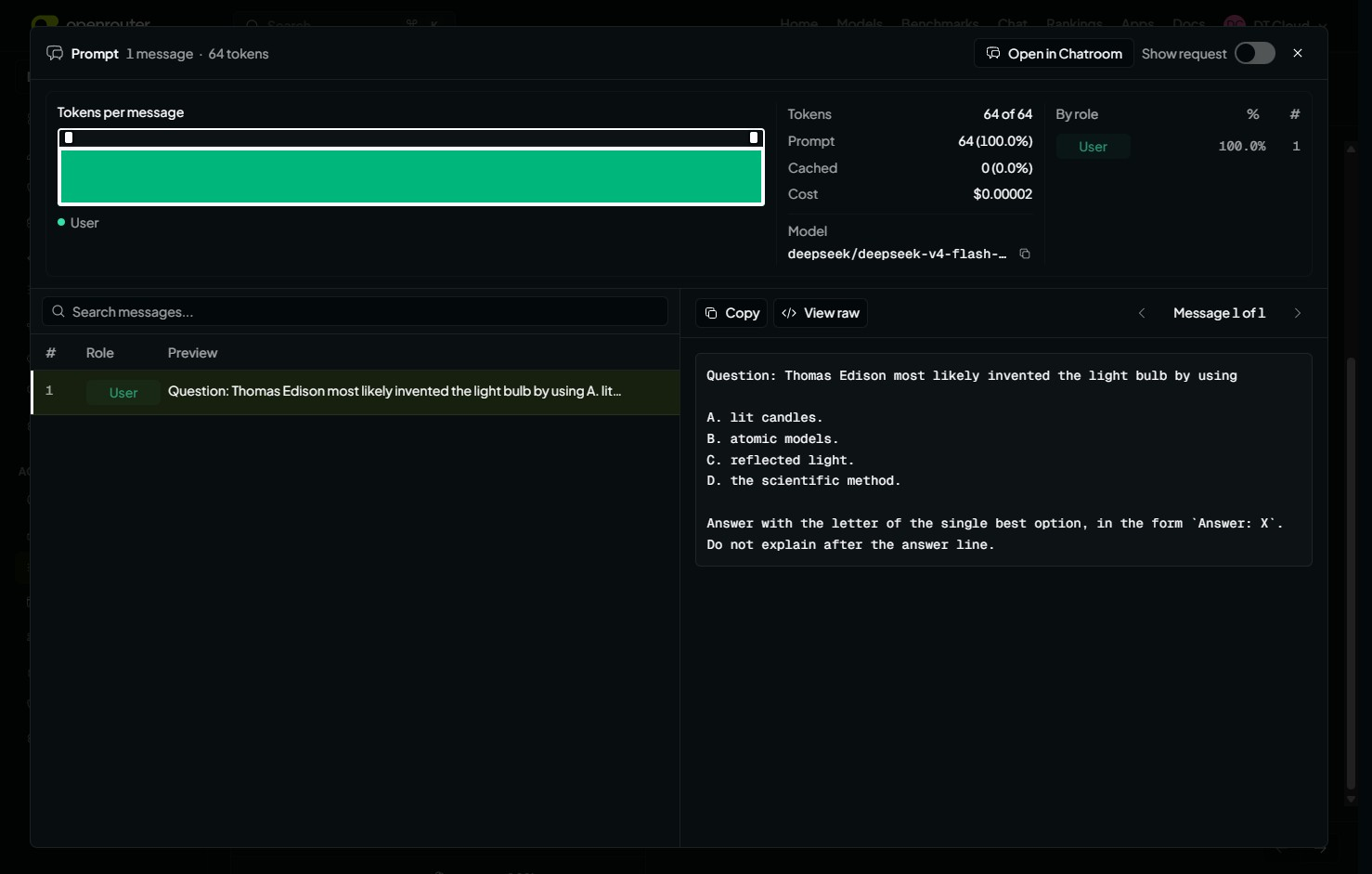 OpenRouter prompt view showing a multiple choice benchmark question and the answer format instruction