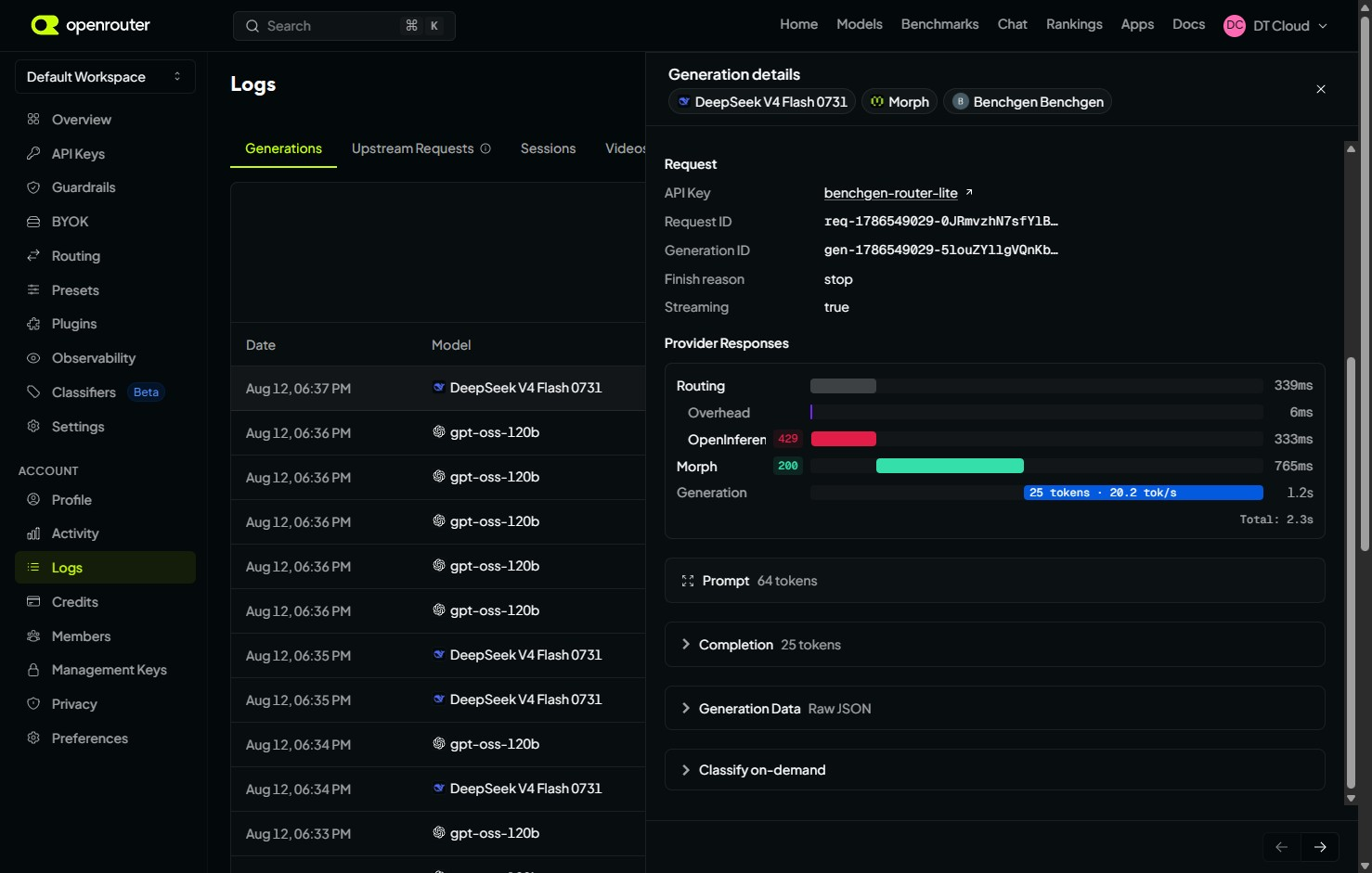 OpenRouter generation details showing the benchgen-router-lite API key, provider routing timings, and token counts