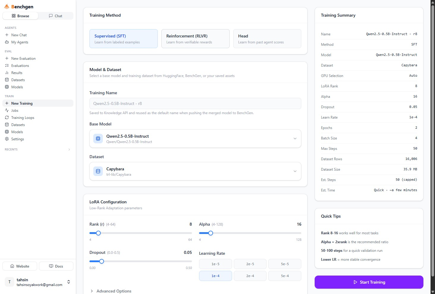 The New Training page's Training Method selector, showing Supervised (SFT) selected alongside Reinforcement (RLVR) and Head options