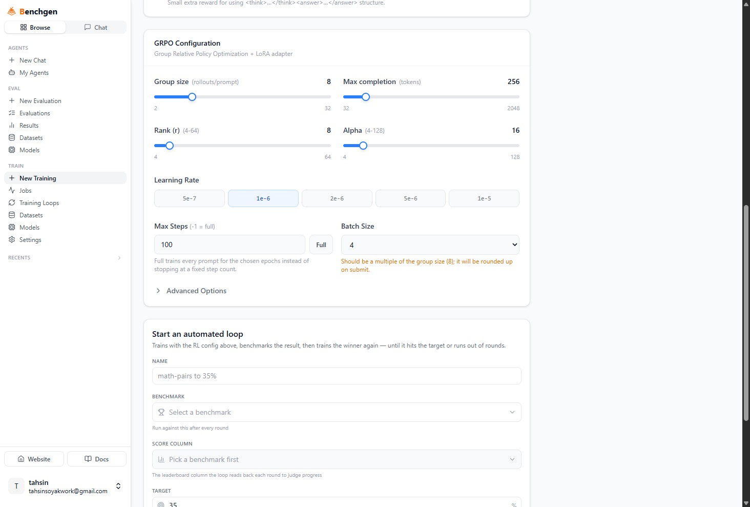 The GRPO Configuration card with Group size, Max completion, Rank, Alpha sliders, Learning Rate buttons, Max Steps set to -1 with Full active, and a Batch Size warning about being a multiple of the group size