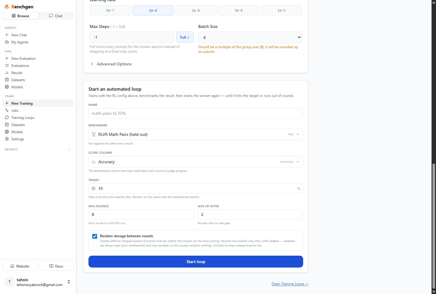 The Start an automated loop form with Name set to math-pairs to 35%, Benchmark set to RLVR Math Pairs held-out, Score Column set to Accuracy, Target set to 35%, Max Rounds 8, Give Up After 2, a checked Reclaim storage between rounds checkbox, and a Start loop button