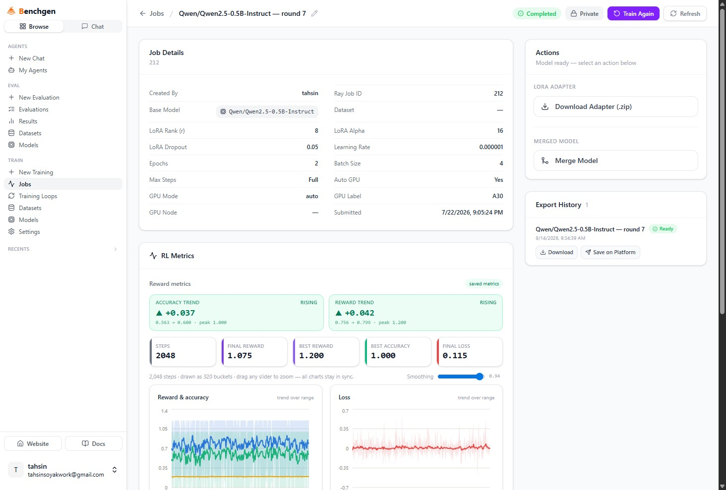 The RL Metrics card showing Accuracy Trend +0.037 rising and Reward Trend +0.042 rising, stat tiles for Steps, Final Reward, Best Reward, Best Accuracy, and Final Loss, Reward & accuracy and Loss line charts, and the Actions panel with Download Adapter and Merge Model below