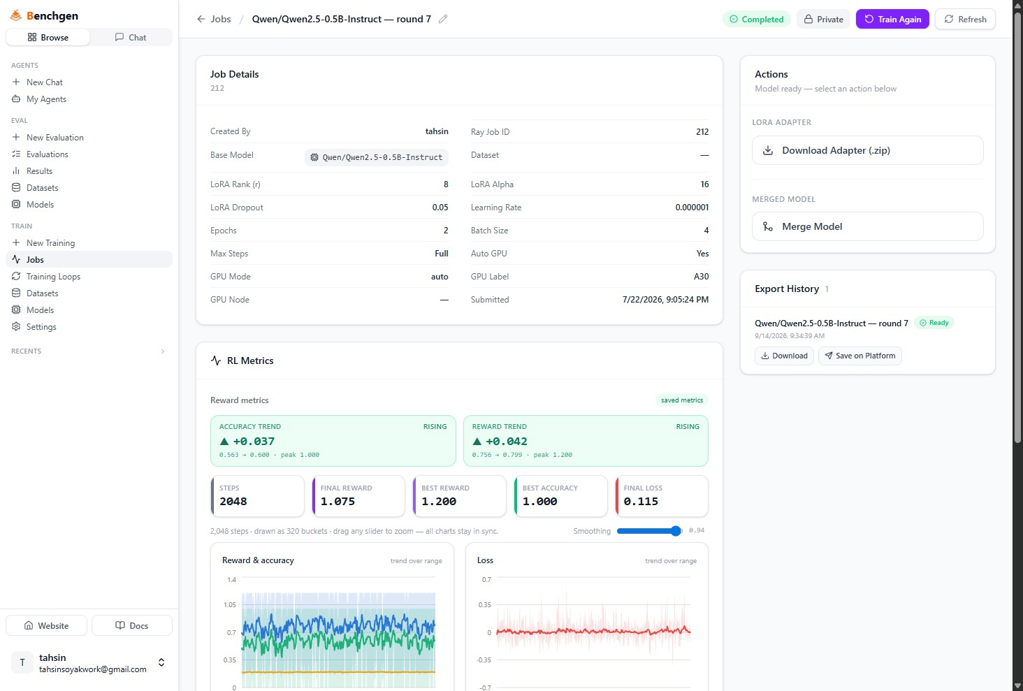 The RL Metrics card showing Accuracy Trend +0.037 rising and Reward Trend +0.042 rising, stat tiles for Steps, Final Reward, Best Reward, Best Accuracy, and Final Loss, Reward & accuracy and Loss line charts, and the Actions panel with Download Adapter and Merge Model below