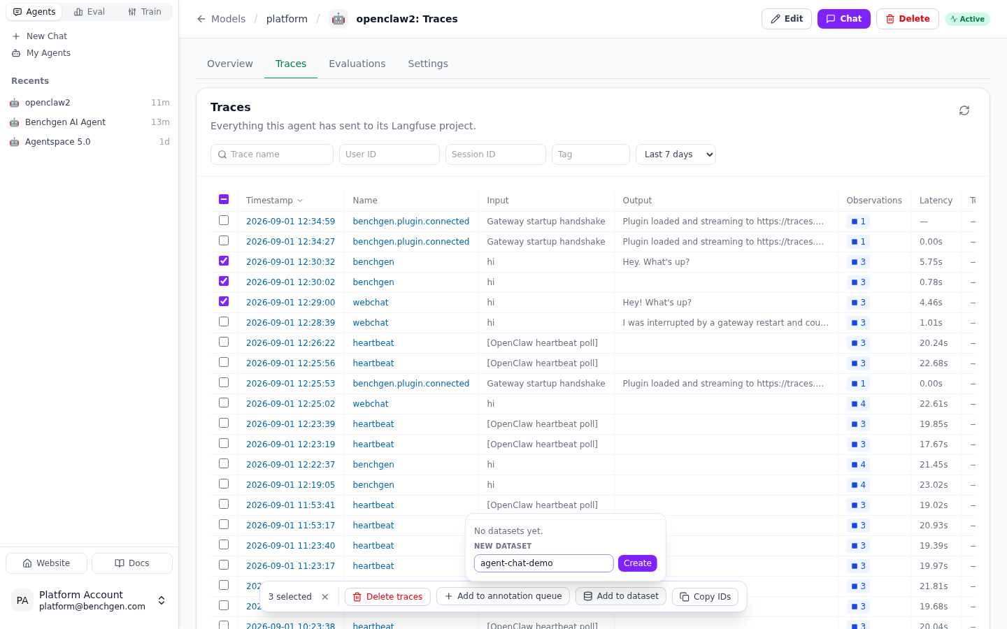 Three chat turns selected on the Traces tab with the Add to dataset dialog open, naming a new dataset agent-chat-demo